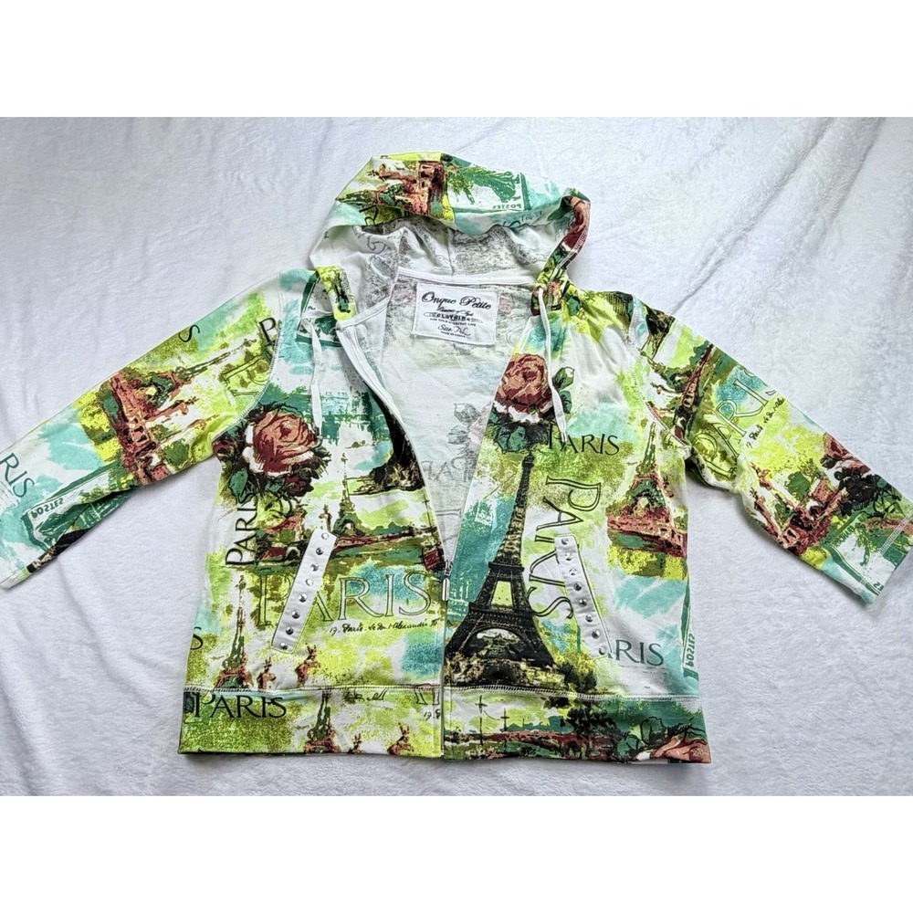 Vintage Y2K Onque Casuals Paris Print Full Zip Hoodie Wearable Art Petite Large